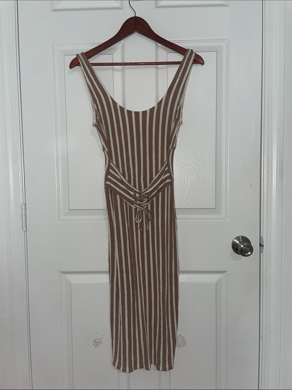 Striped Tan and White Tie-Waist Midi Dress